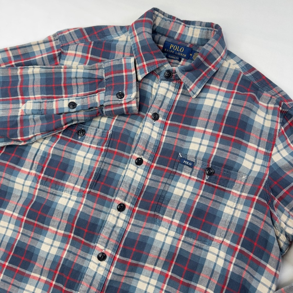 Polo Ralph Lauren Shirt Mens Medium Flannel Blue Red Classic Fit Button Down L/S